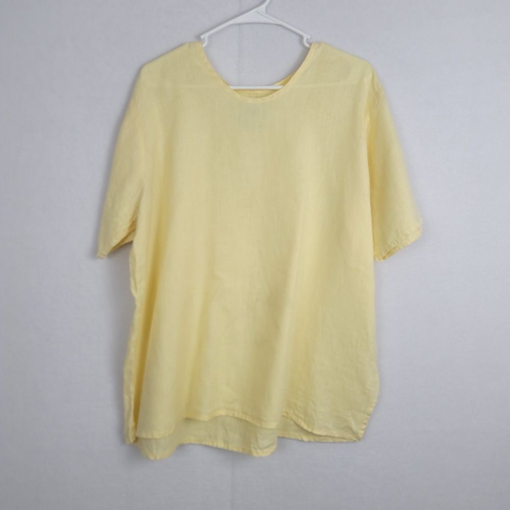 Flax 100% Linen Butter Yellow Short Sleeve Large‎ Blouse Lightweight Natural